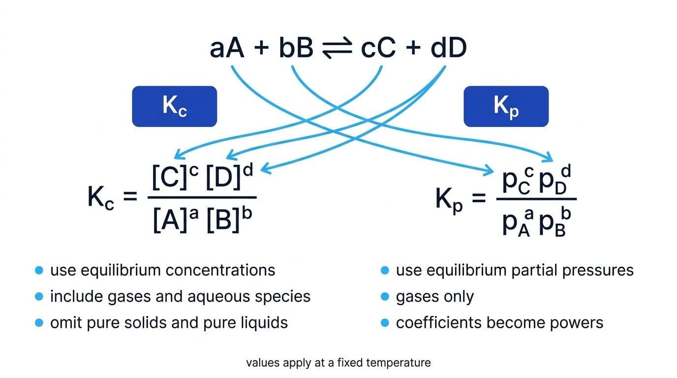 Comparison diagram showing a balanced equilibrium equation feeding into K_c and K_p expressions, with coefficients becoming powers and notes on concentrations, partial pressures, and omission of pure solids and liquids