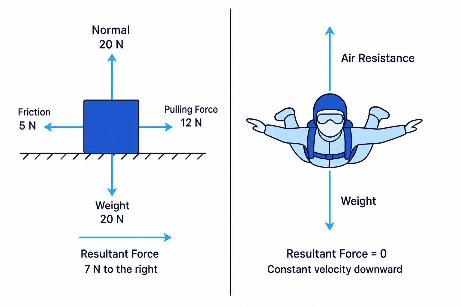 Free-body diagrams of a box with a 12 N pull, 5 N friction, balanced vertical forces, and a skydiver at terminal velocity with weight and air resistance balanced