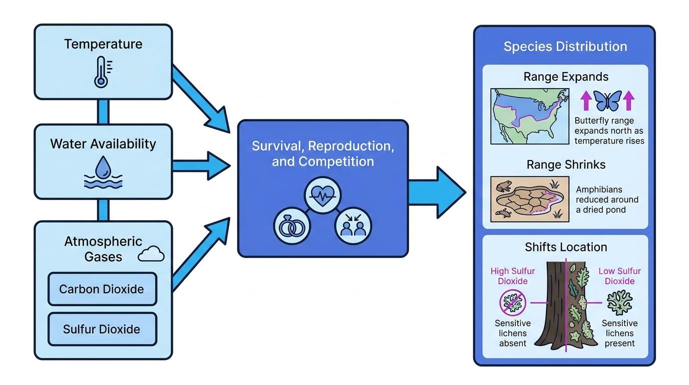 Flowchart showing temperature, water availability and atmospheric gases affecting survival, reproduction and competition, leading to species distribution changes such as butterfly range expanding, amphibians declining at a dried pond, and sensitive lichens absent where sulfur dioxide is high