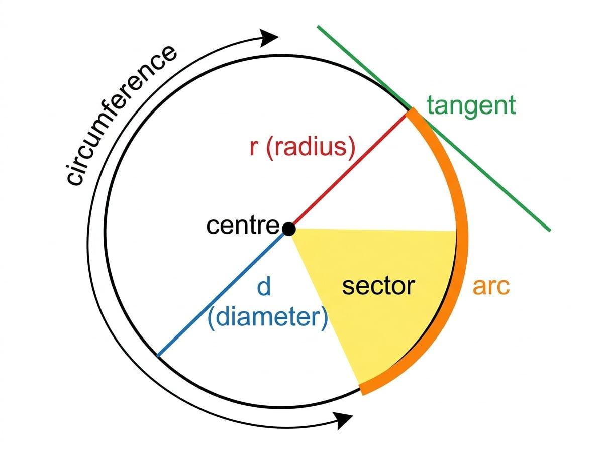 Labelled circle showing centre, radius, diameter, circumference, tangent, arc, and sector