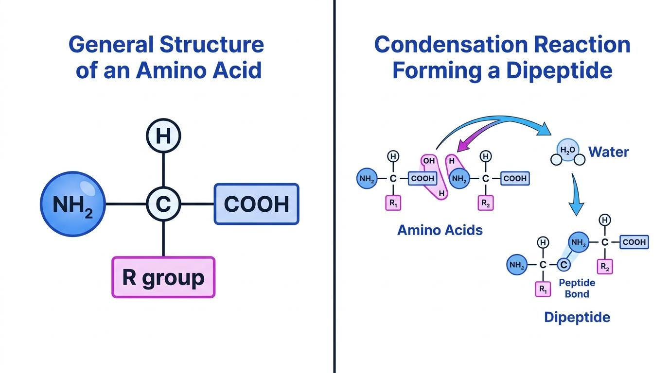 General structure of an amino acid with NH2, COOH, H and R group attached to a central carbon, plus condensation reaction forming a dipeptide and water