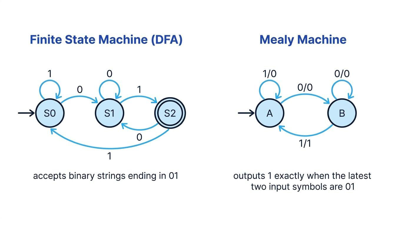 State transition diagrams showing an FSM that accepts binary strings ending in 01 and a Mealy machine that outputs 1 when the latest two input symbols are 01