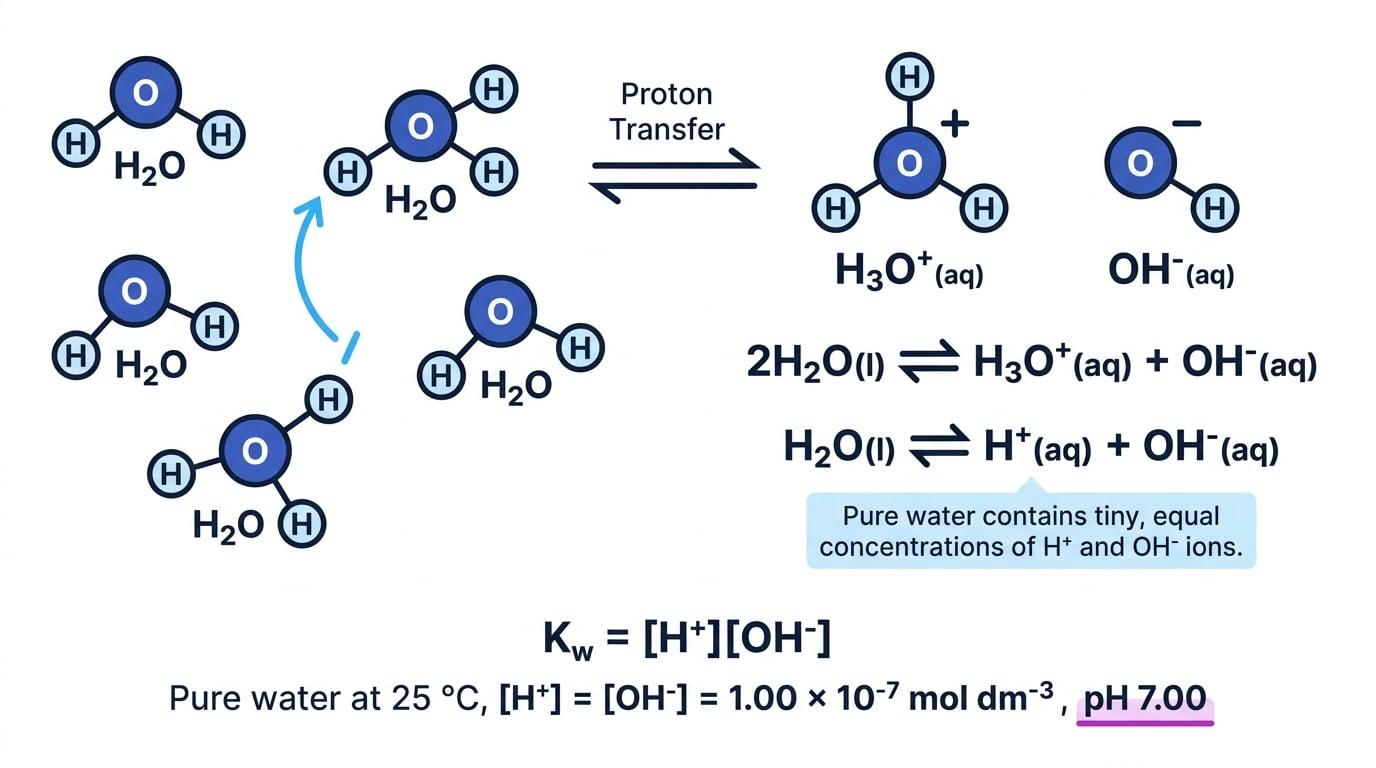 Autoionisation of water showing proton transfer between water molecules to form hydronium and hydroxide, plus the simplified H+ and OH- equation and Kw relation