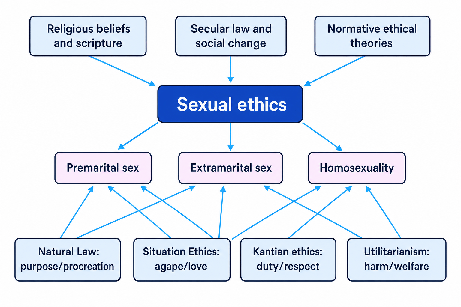 Concept map showing religious beliefs, secular law and ethical theories shaping views on premarital sex, extramarital sex and homosexuality