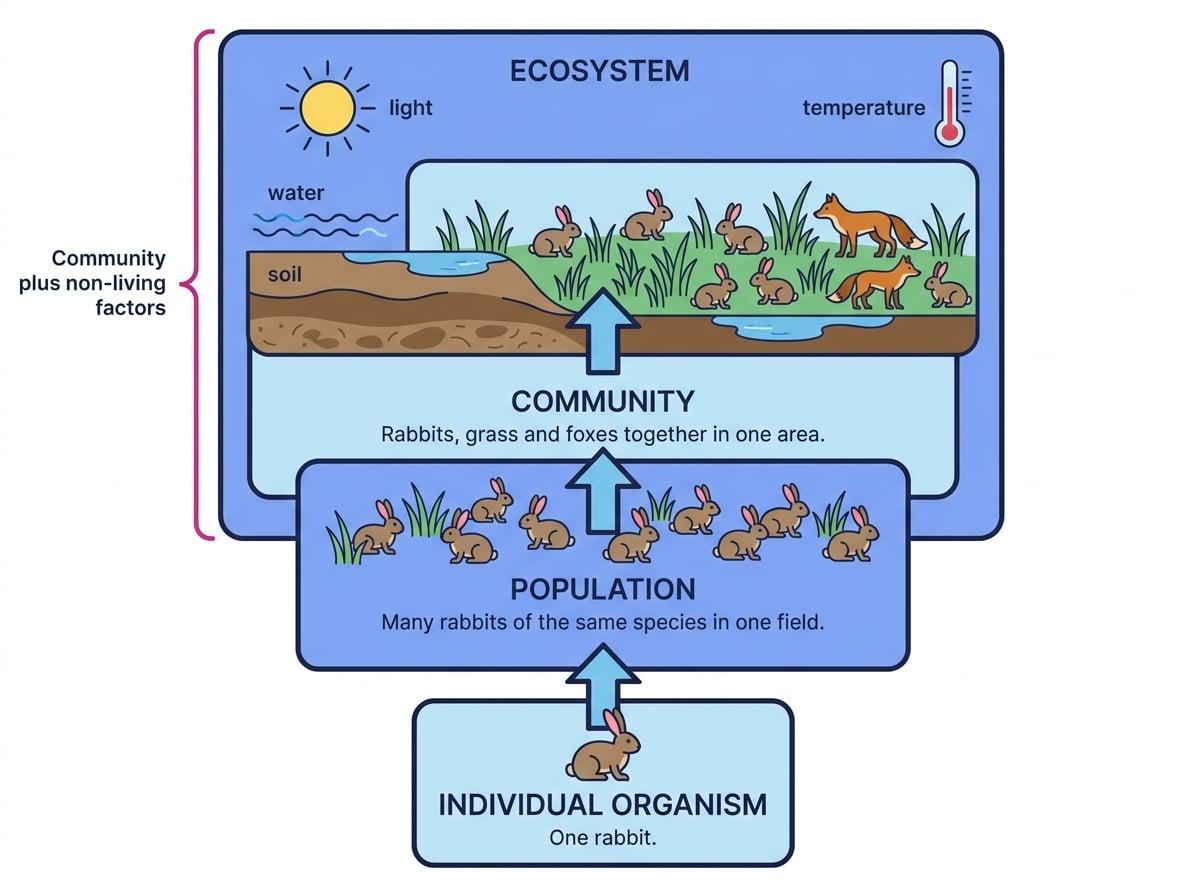 Hierarchy of ecological organisation showing one rabbit as an individual, many rabbits as a population, rabbits grass and foxes as a community, and the ecosystem including soil water light and temperature