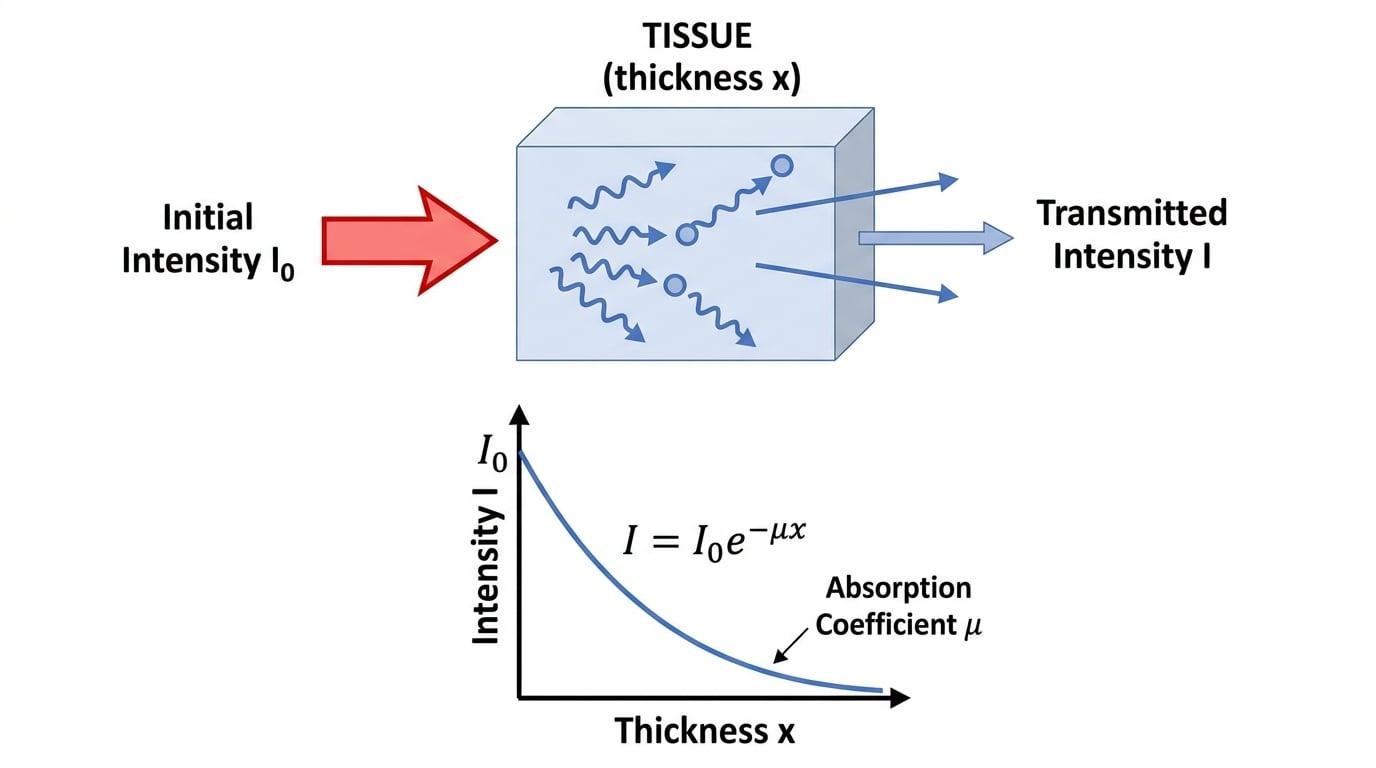 Schematic of an X-ray beam entering tissue, some photons being absorbed, a weaker transmitted beam emerging, and an intensity-against-thickness graph showing exponential decay