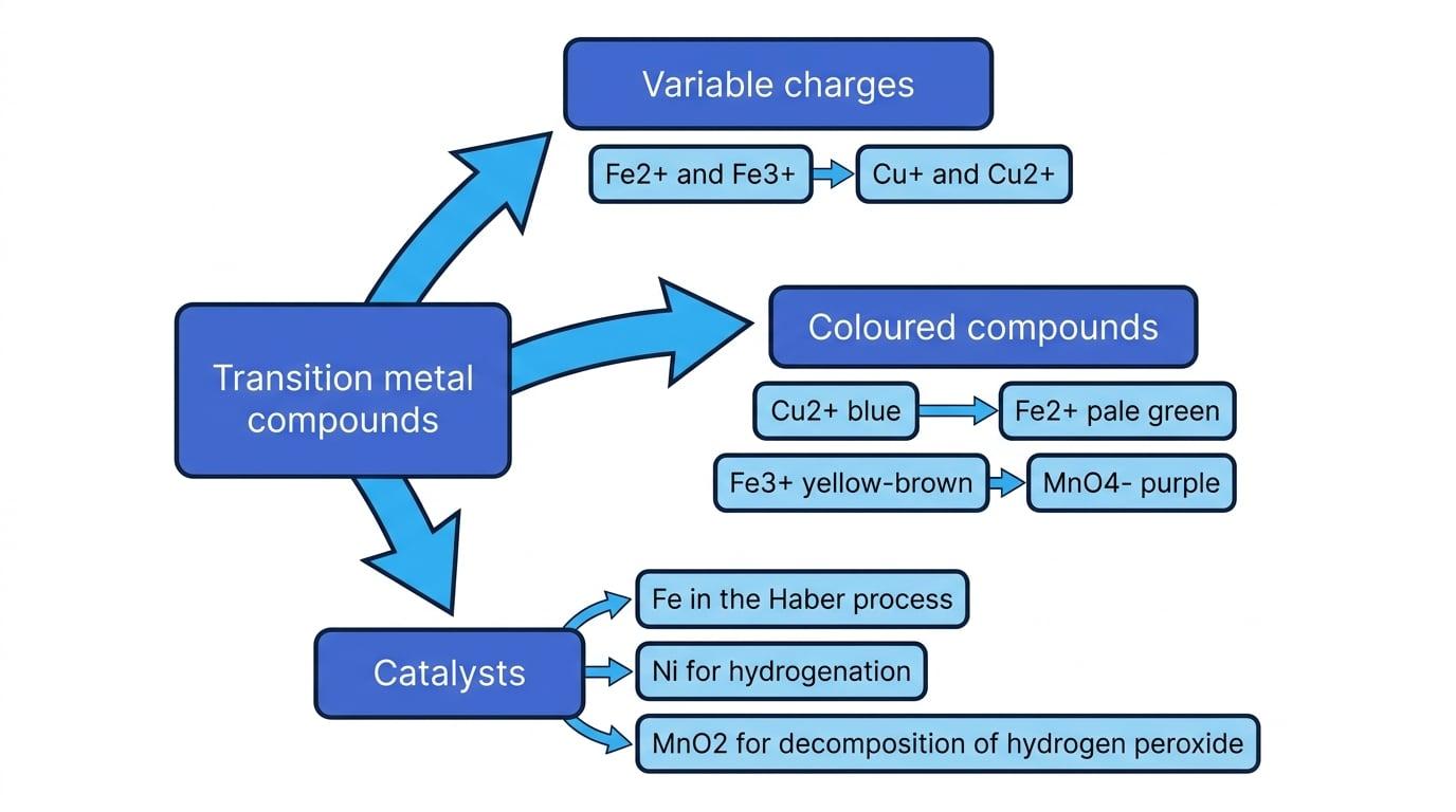 Concept map linking transition metal compounds to variable charges, coloured compounds and catalyst examples