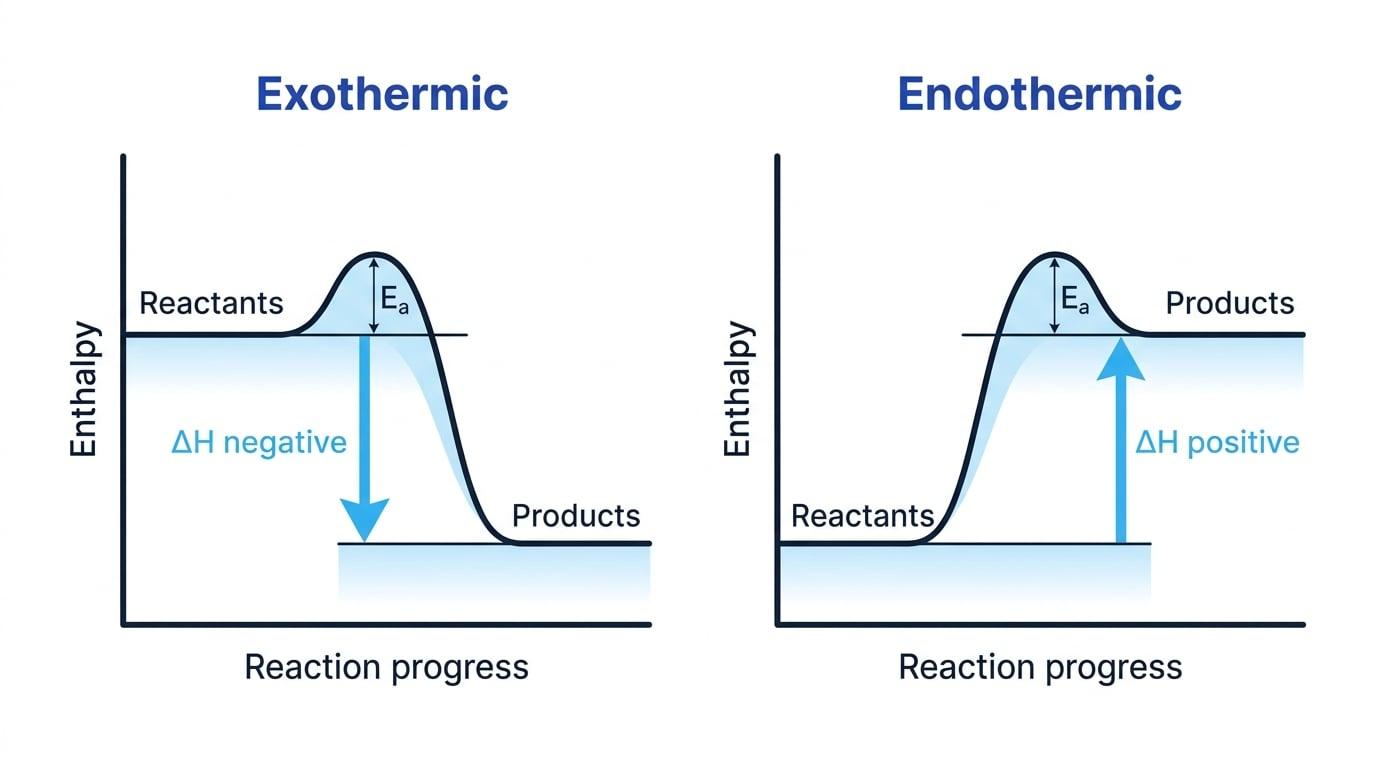 Reaction profile diagrams comparing exothermic and endothermic reactions with reactant and product enthalpy levels and arrows showing negative and positive ΔH