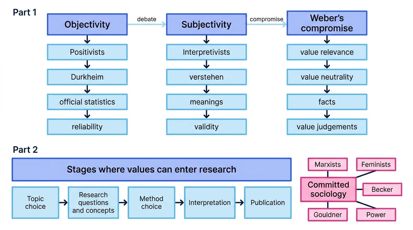 Two-part concept map showing objectivity, subjectivity, Weber's compromise, research stages, and committed sociology
