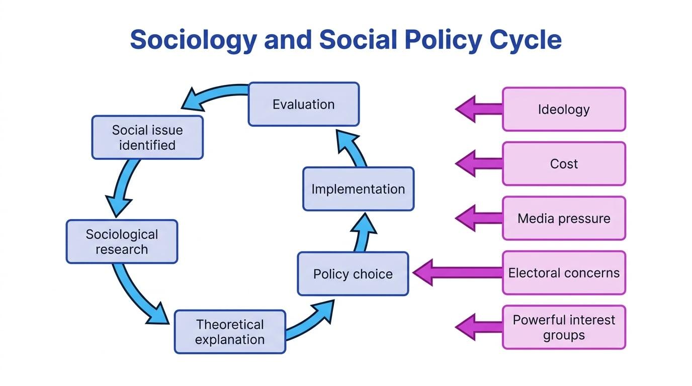 Flowchart showing sociology and social policy cycle from social issue identified to research, theoretical explanation, policy choice, implementation and evaluation, with ideology, cost, media pressure, electoral concerns and powerful interest groups feeding into policy choice