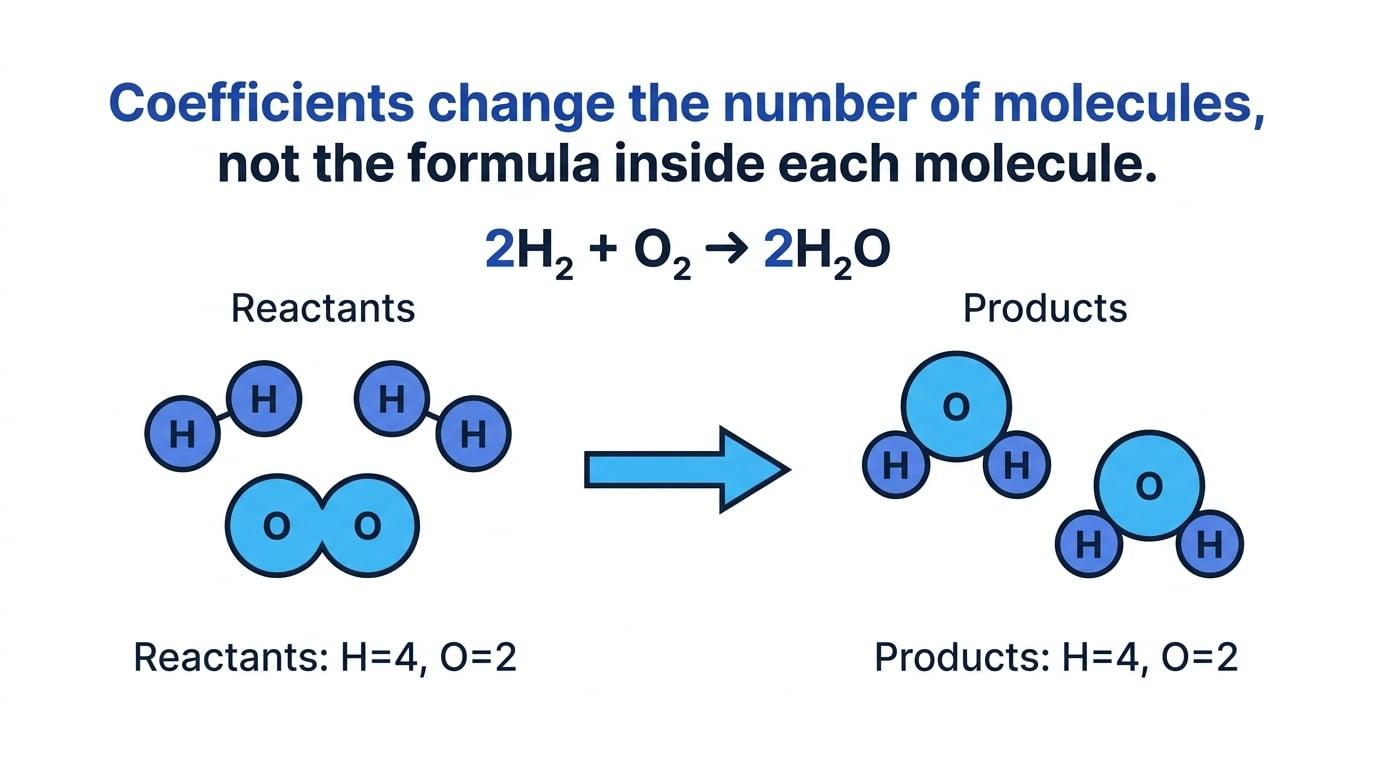 Particle diagram showing two hydrogen molecules and one oxygen molecule reacting to make two water molecules, with atom totals H=4 and O=2 on both sides