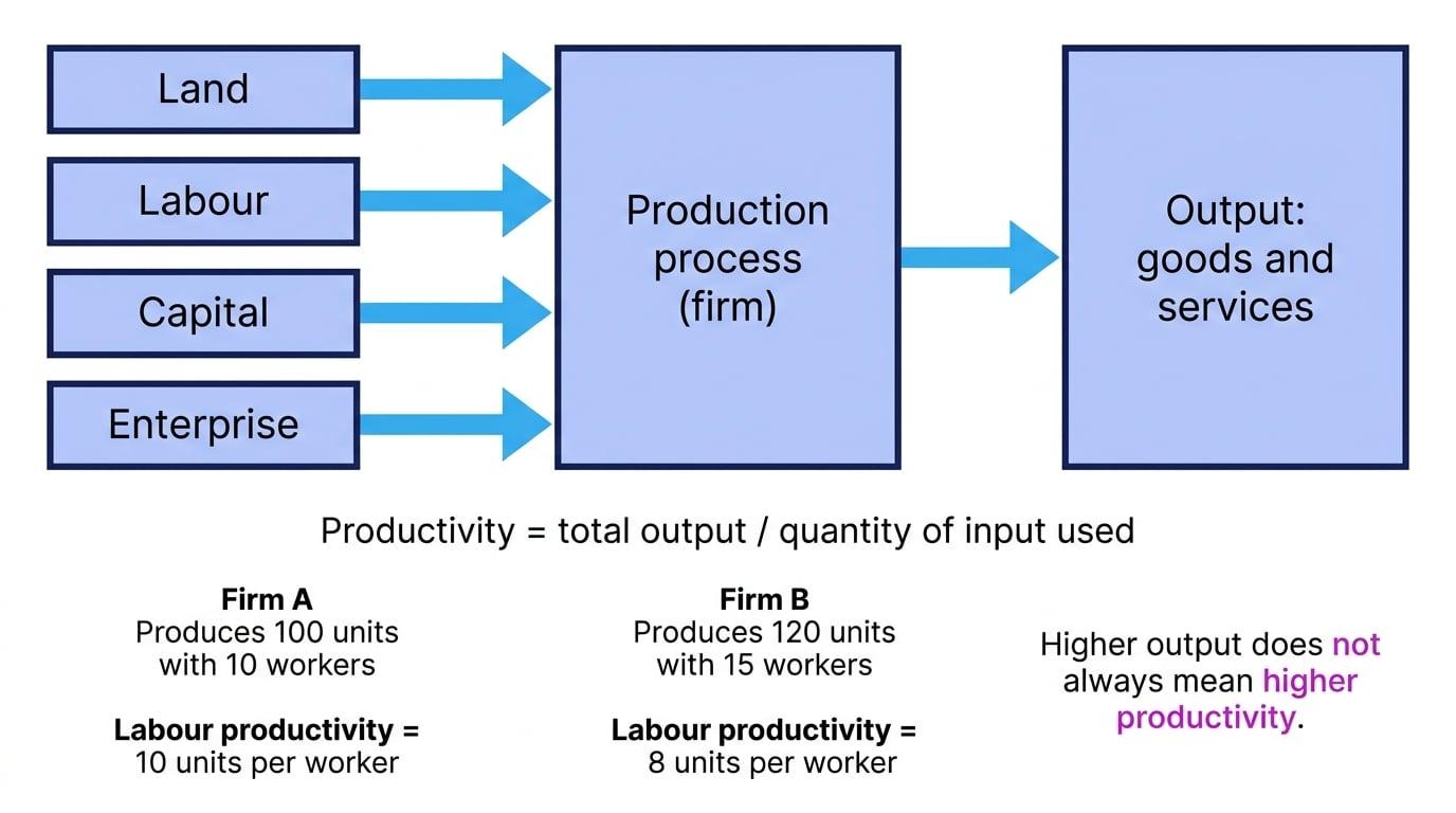 Flow diagram of land, labour, capital and enterprise entering a firm, then output, with a comparison showing that higher output does not always mean higher labour productivity