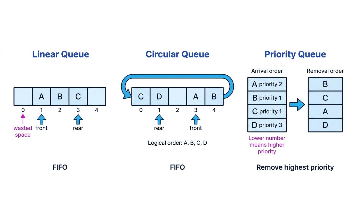 Comparison of linear, circular, and priority queues showing front and rear pointers, wrap-around, and priority-based removal