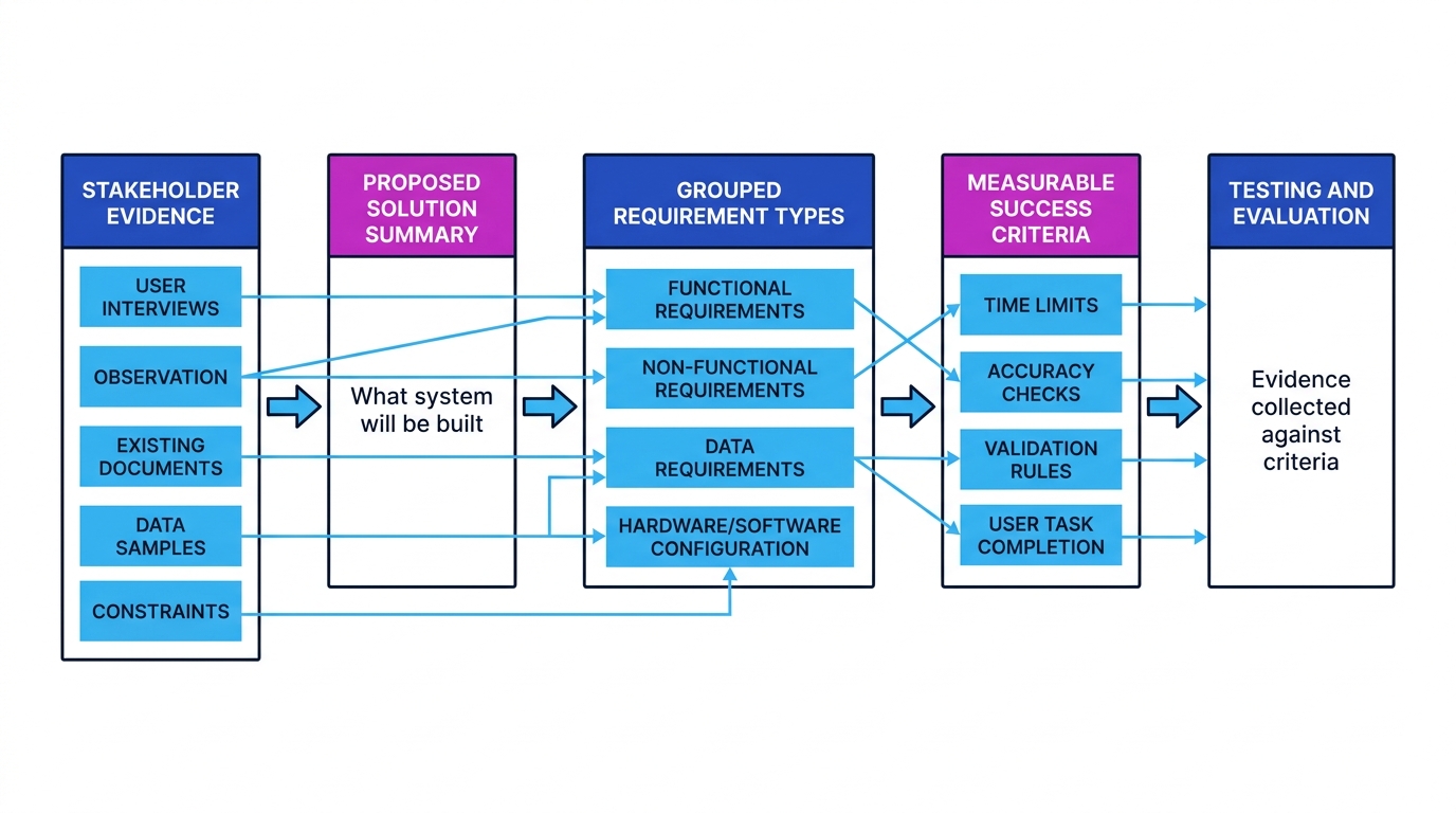Flow diagram showing stakeholder evidence leading to a proposed solution summary, grouped requirement types, measurable success criteria, and testing