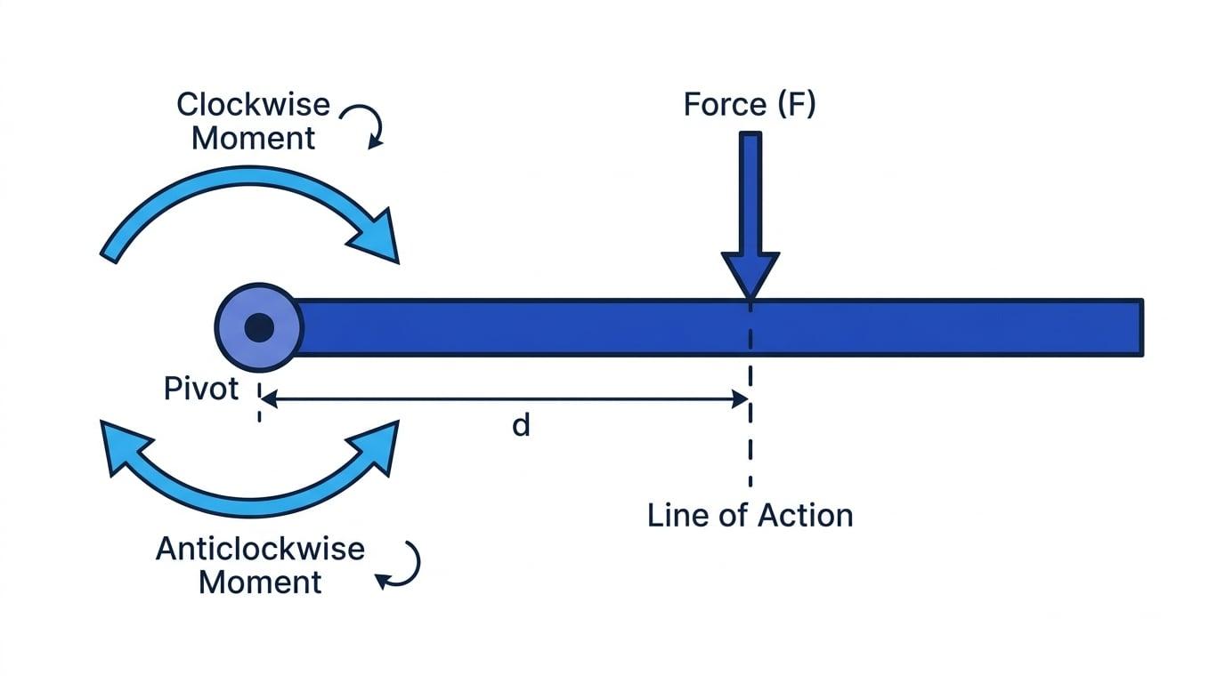 Labelled beam with a pivot at one end, a downward force, the line of action, perpendicular distance d, and clockwise and anticlockwise moment arrows