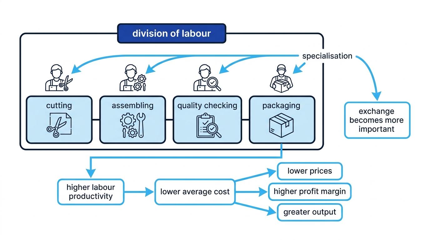 Flow chart showing division of labour leading to higher labour productivity, lower average cost, lower prices, higher profit margin, greater output, and greater need for exchange