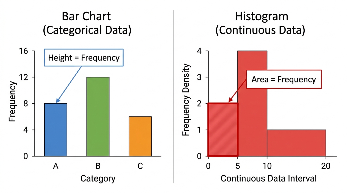 Comparison of a bar chart with gaps and a histogram with touching bars, showing height equals frequency for the bar chart and area equals frequency for the histogram