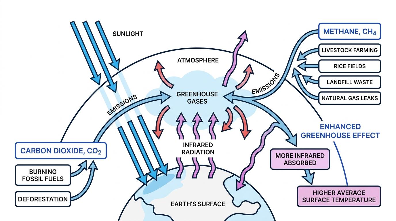 Flow diagram showing human activities that increase carbon dioxide and methane, and how extra greenhouse gases absorb infrared radiation and raise surface temperature
