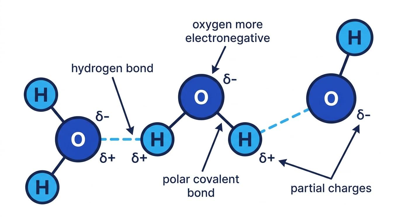 Labelled water molecules showing partial charges and hydrogen bonds