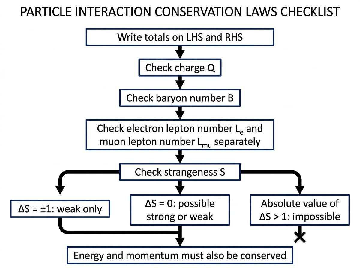 Flowchart showing the order of checks for a particle interaction: charge, baryon number, electron and muon lepton numbers, strangeness, then energy and momentum
