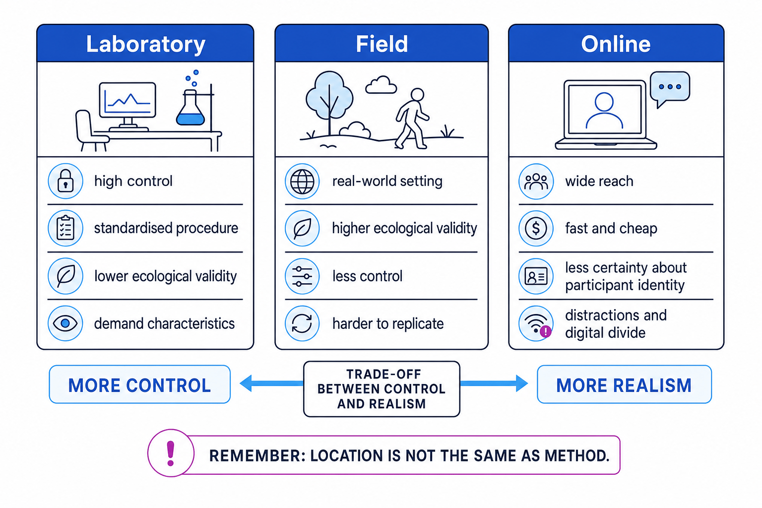 Comparison chart of laboratory, field, and online research locations showing control, realism, and common strengths and weaknesses