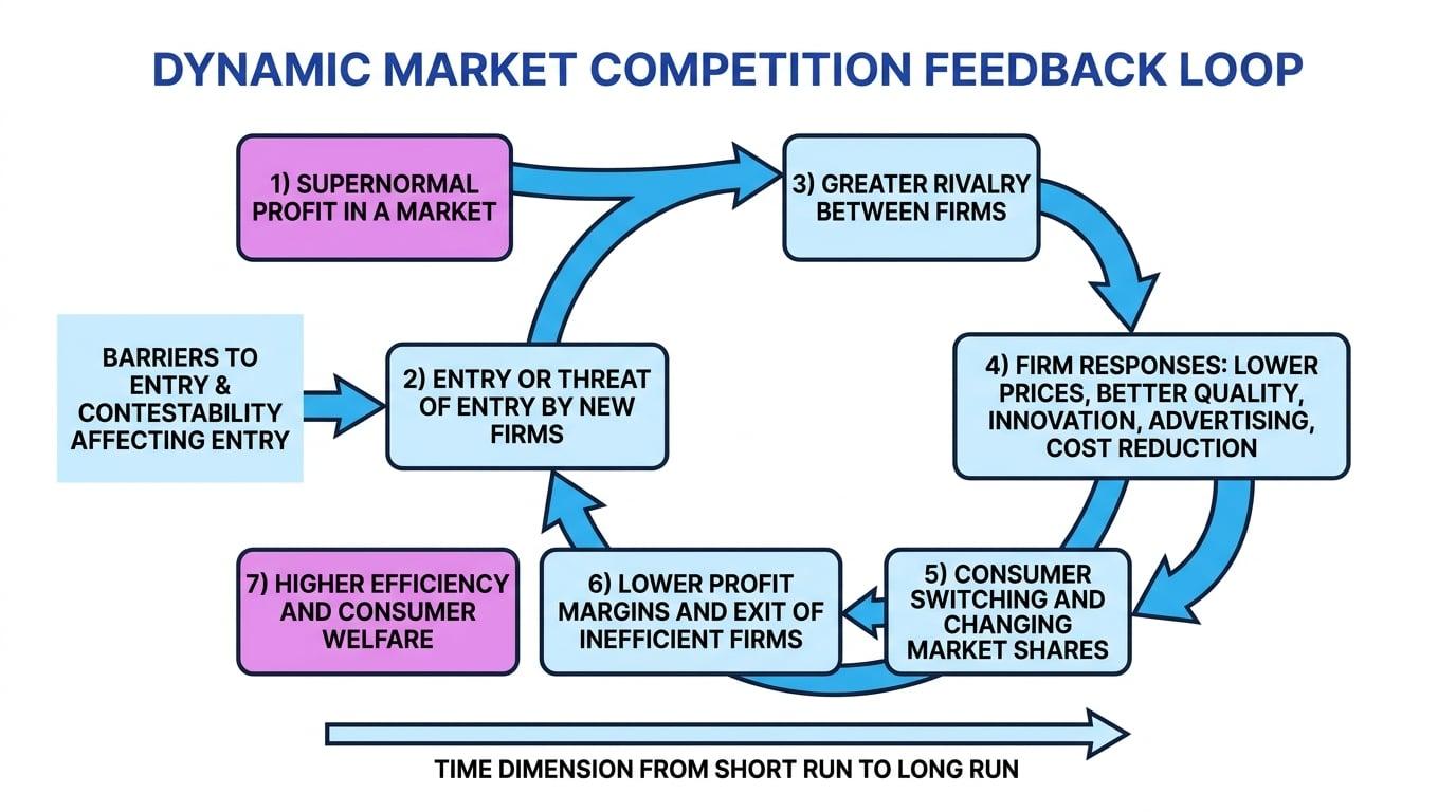 Feedback loop showing supernormal profit, entry or threat of entry, greater rivalry, firm responses, consumer switching, lower margins, exit of inefficient firms, and higher efficiency over time