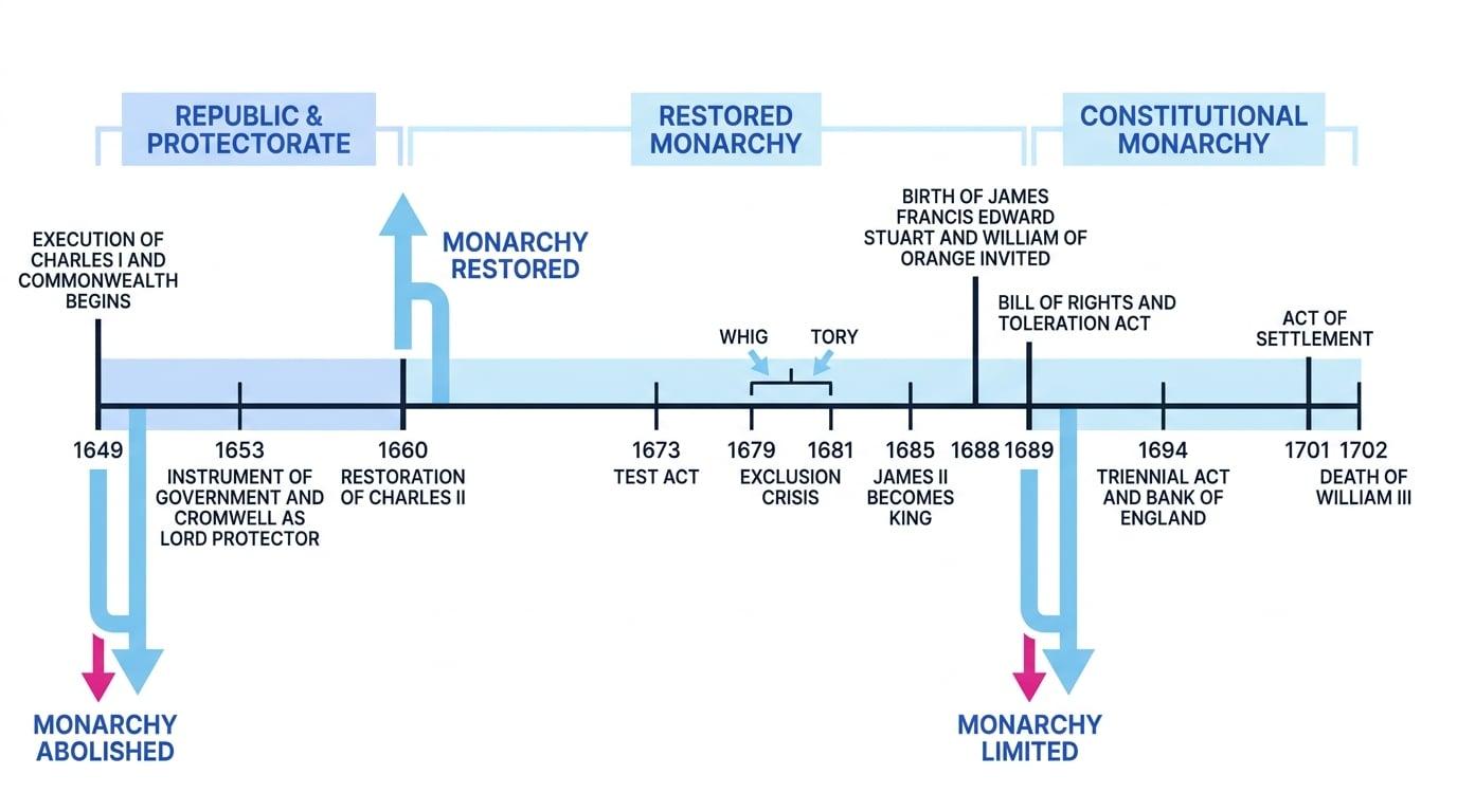 Timeline from 1649 to 1702 showing Commonwealth and Protectorate, Restoration, and constitutional monarchy with key turning points labelled