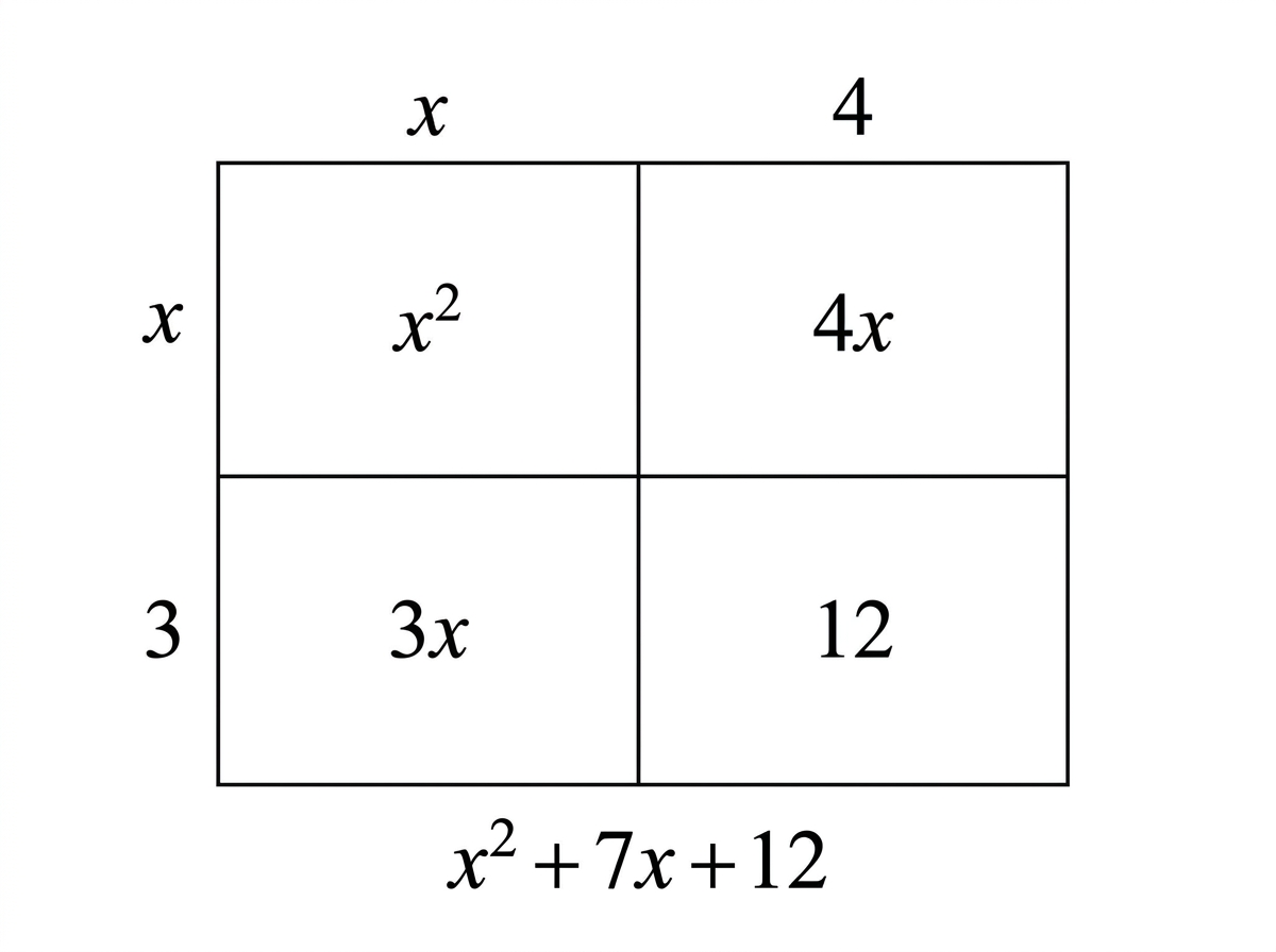 Area model showing a rectangle split into four parts for expanding (x + 4)(x + 3), with cells labelled x squared, 4x, 3x, and 12, then simplified to x squared plus 7x plus 12.