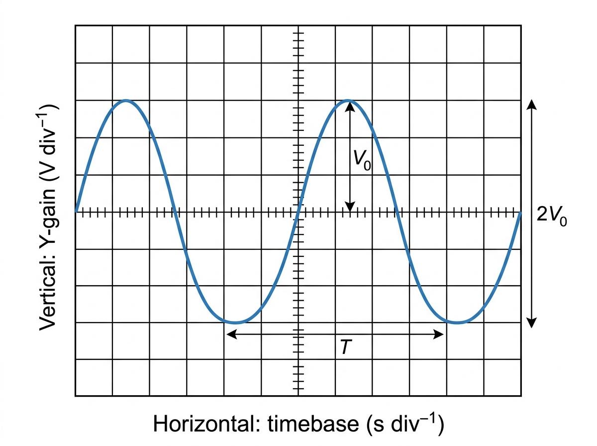 Oscilloscope screen with sine wave showing peak value V0, peak-to-peak height 2V0, and one cycle T across grid divisions