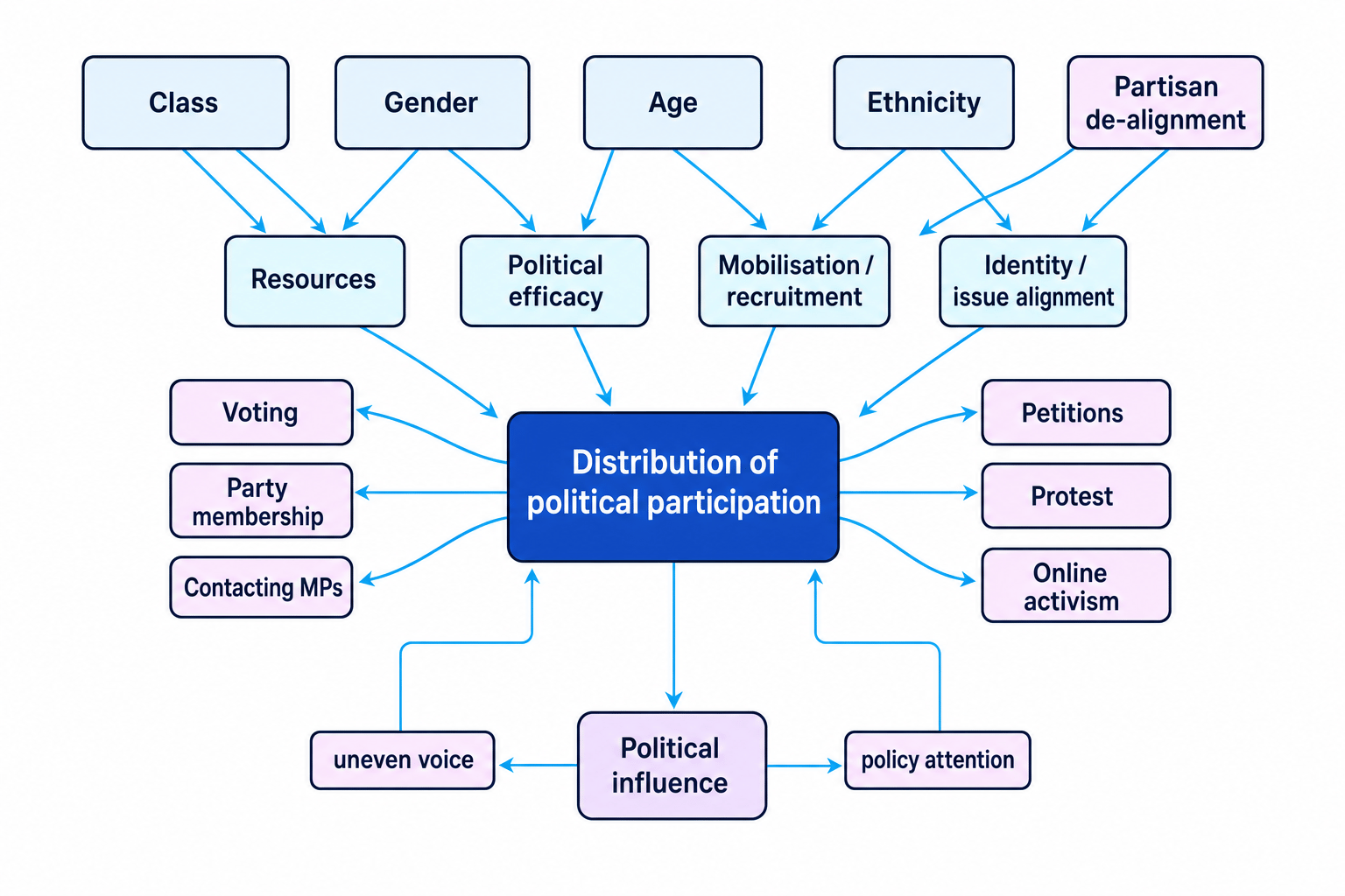 Concept map showing class, gender, age, ethnicity and partisan de-alignment shaping political participation through resources, political efficacy, mobilisation and identity