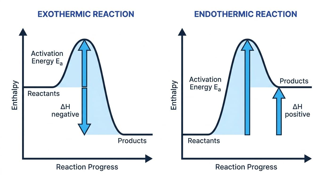 Reaction profile diagrams comparing exothermic and endothermic reactions, with enthalpy axes, activation energy and positive or negative ΔH labelled