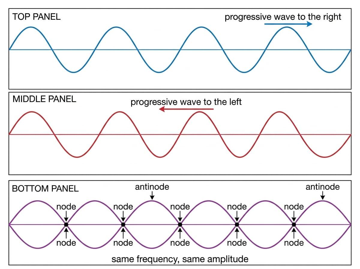 Three-panel diagram showing a right-moving wave, a left-moving wave, and the resulting stationary wave with nodes and antinodes labelled.