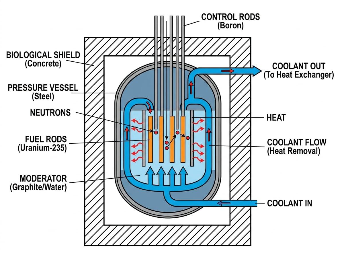 Labelled schematic of a nuclear reactor showing fuel rods, boron control rods, coolant, moderator, pressure vessel, and thick concrete biological shield