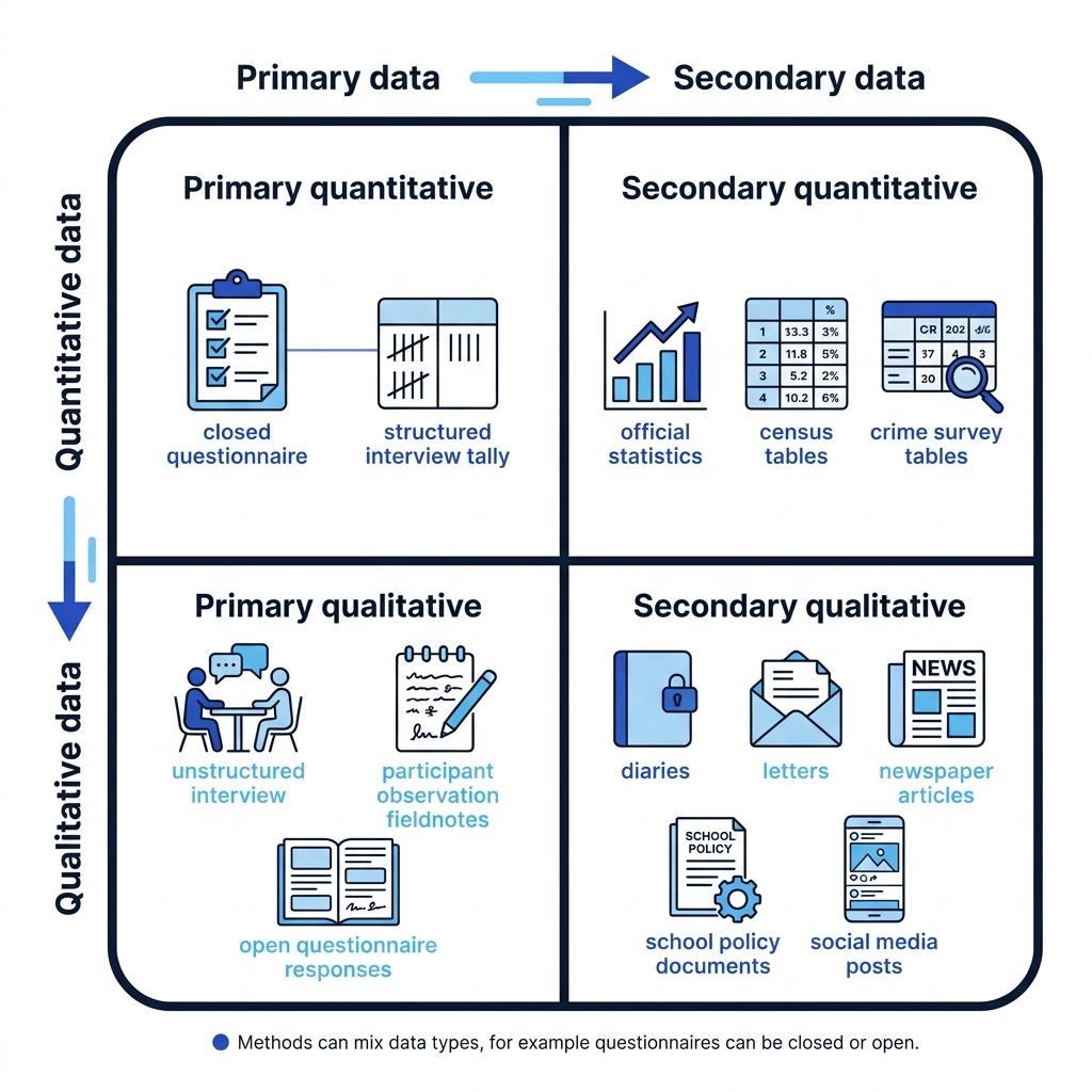 2 by 2 grid classifying sociology sources of data by primary versus secondary and quantitative versus qualitative, with examples in each quadrant