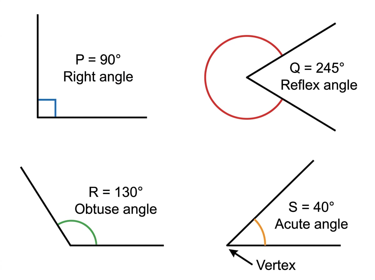 Four labelled angles P, Q, R and S showing right, reflex, obtuse and acute examples with degree measures and a marked vertex