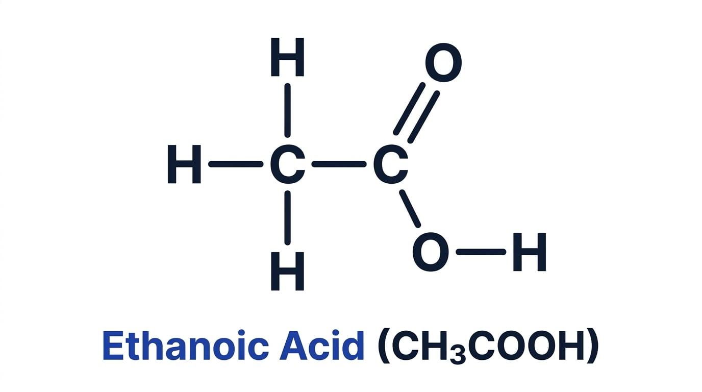 Displayed formula of ethanoic acid (CH3COOH) showing all bonds