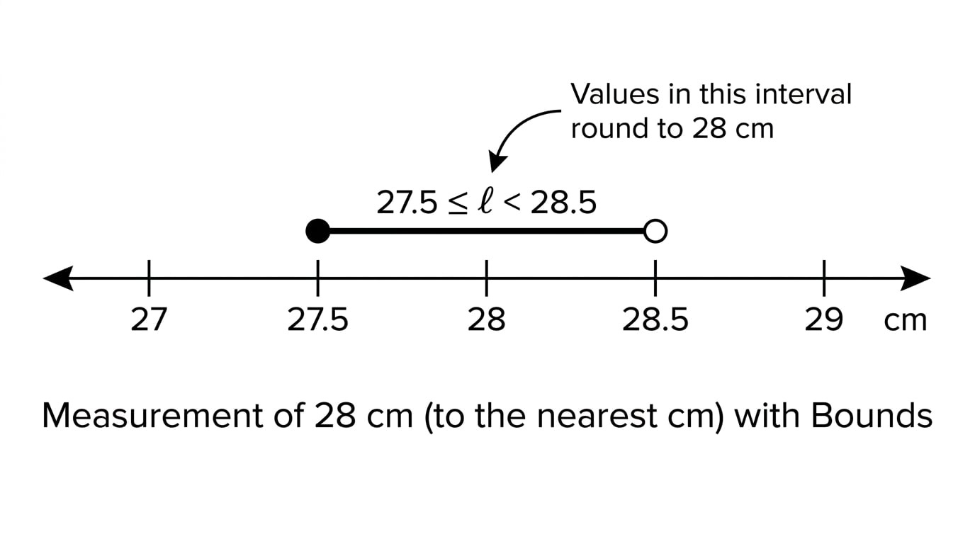 Number line showing that 28 cm to the nearest cm represents values from 27.5 inclusive to 28.5 exclusive.