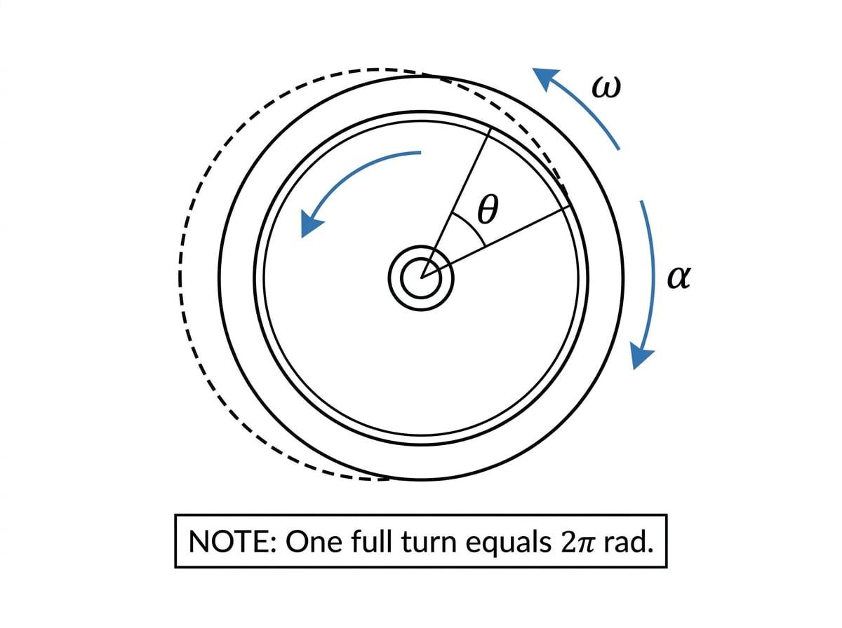 Rotating wheel shown at two positions with angle theta, angular velocity omega, and angular acceleration alpha labelled