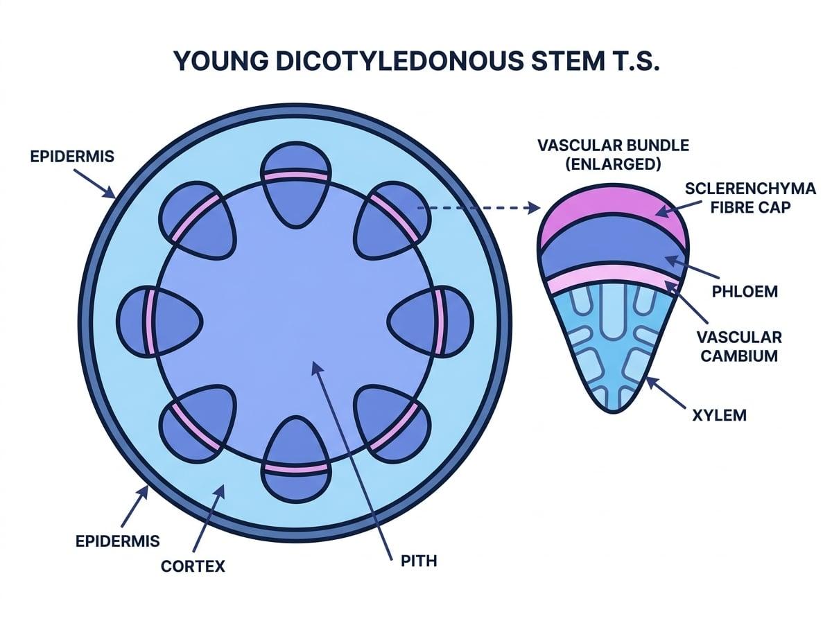 Labelled transverse section of a young dicot stem showing epidermis, cortex, pith and an enlarged vascular bundle with phloem outside, vascular cambium, xylem inside and a sclerenchyma fibre cap