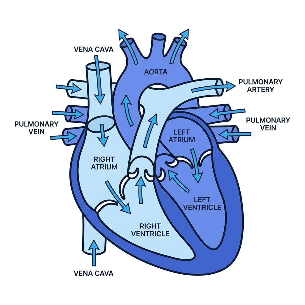 Labelled diagram of the heart showing double circulation, main chambers, major vessels, and valves