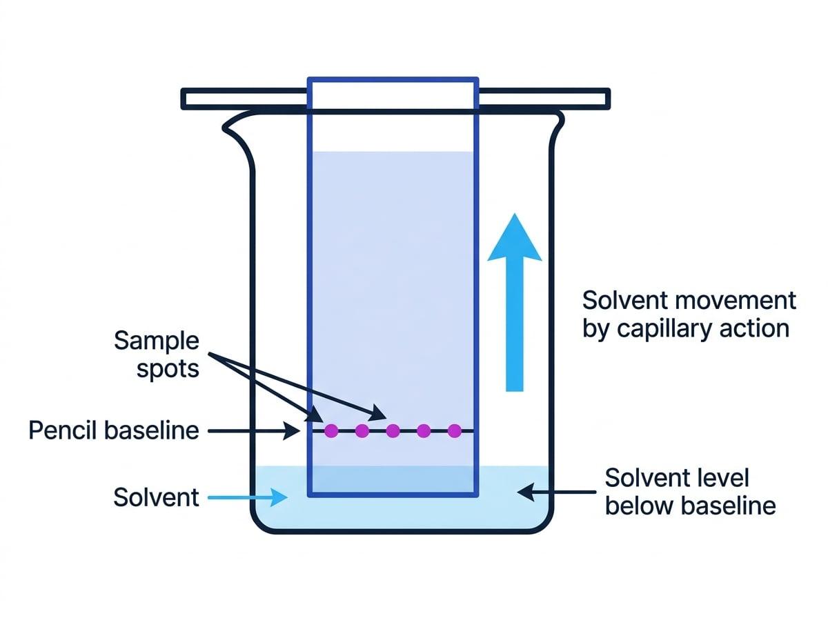 Paper chromatography setup in a beaker with chromatography paper, solvent, pencil baseline above the solvent, sample spots, and an arrow showing solvent movement by capillary action