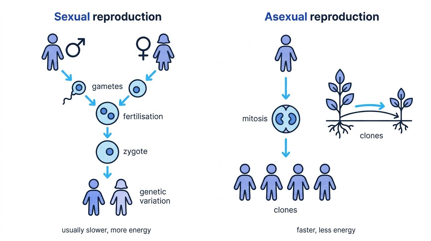 Comparison of sexual and asexual reproduction showing gametes and fertilisation leading to varied offspring, and one parent using mitosis or runners to produce clones