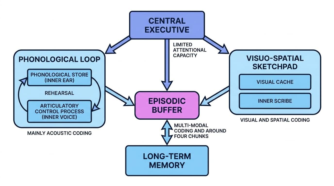 Labelled diagram of the working memory model showing the central executive directing the phonological loop, visuo-spatial sketchpad and episodic buffer, with a two-way link to long-term memory