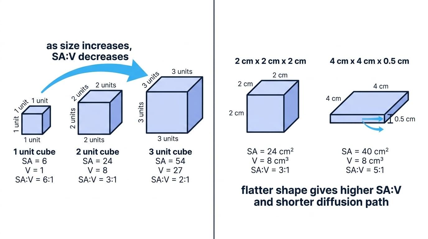 Cubes of different sizes and a cube versus a flattened cuboid, showing how SA:V decreases with size and increases in flatter shapes