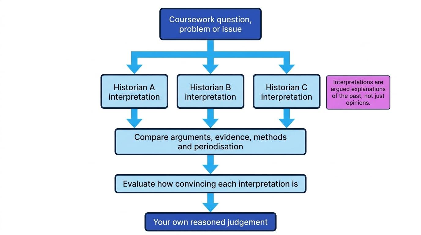 Flowchart showing how a coursework question leads to three historians' interpretations, comparison, evaluation and the student's own reasoned judgement