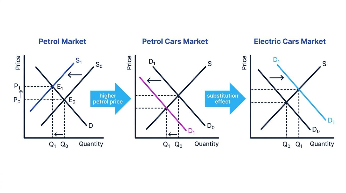 Three linked market diagrams showing a petrol supply shock raising petrol prices, reducing demand for petrol cars, and increasing demand for electric cars