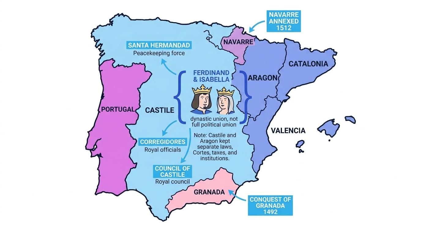 Map-schematic of Iberia showing Castile and Aragon under Ferdinand and Isabella, with Granada, Navarre, Portugal, and notes that laws, taxes and Cortes remained separate
