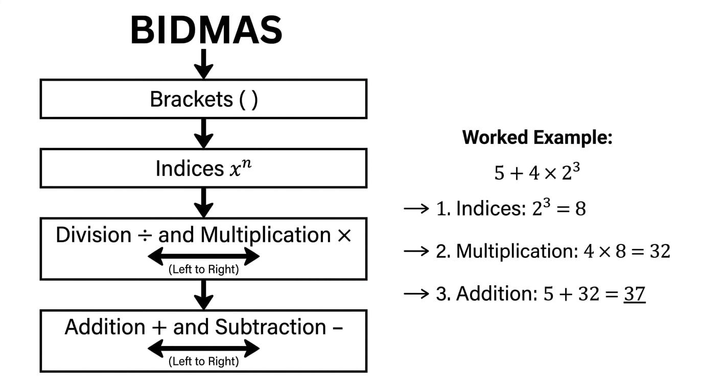 Flowchart showing BIDMAS order from Brackets to Indices to Division and Multiplication to Addition and Subtraction, with example 5 plus 4 times 2 cubed worked to 37
