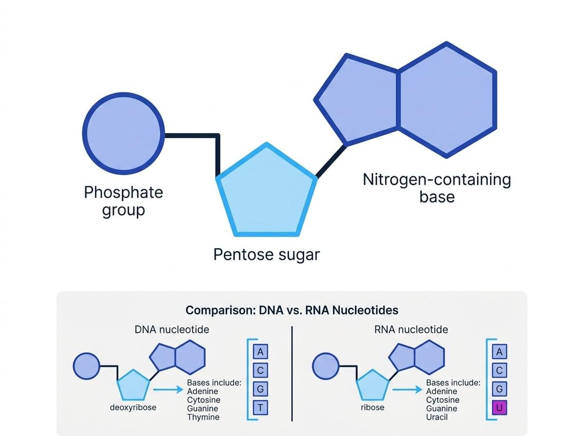 Labelled nucleotide showing phosphate group, pentose sugar, nitrogen-containing base, and DNA versus RNA nucleotide differences