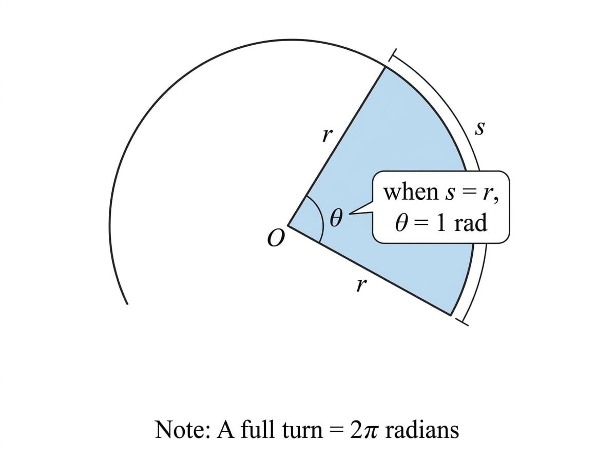 Circle sector with centre O, radii labelled r, arc labelled s, central angle theta, and note that s = r gives 1 radian